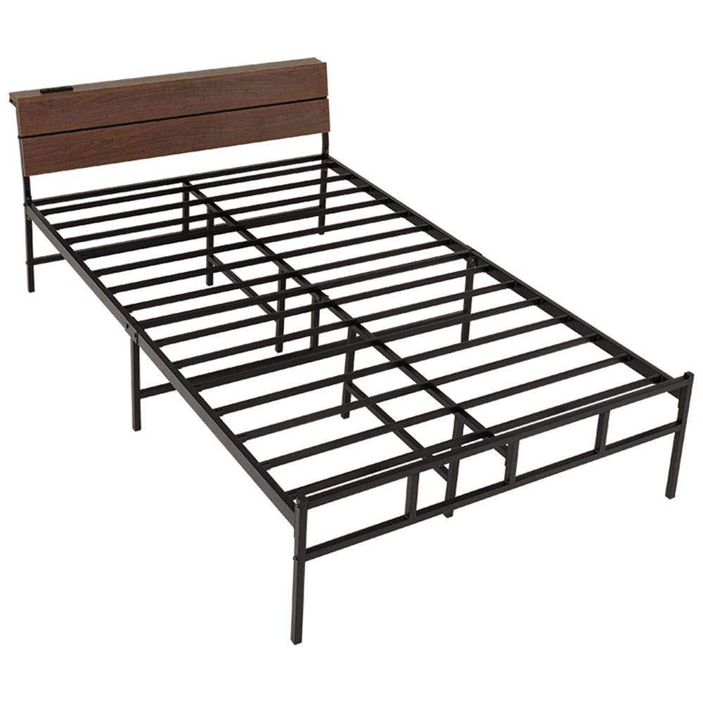 萩原 ベッドフレーム 頑丈パイプベッド ダークブラウン コンセント付き 宮棚付き KH-3074SDBR