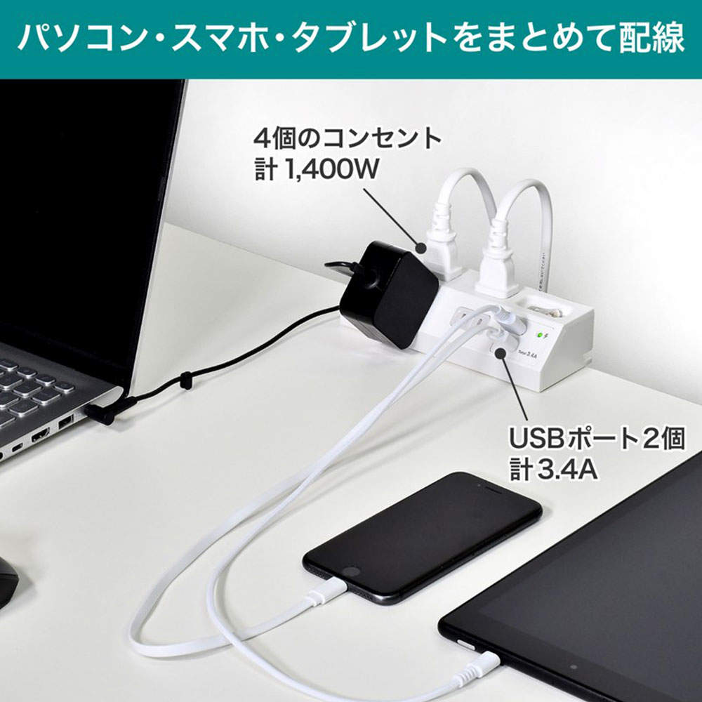ELPA 電源タップ 集中スイッチ 雷ガード AC4個口 USB-A 2ポート 2m ホワイト WLS-DS4232SUA(W)