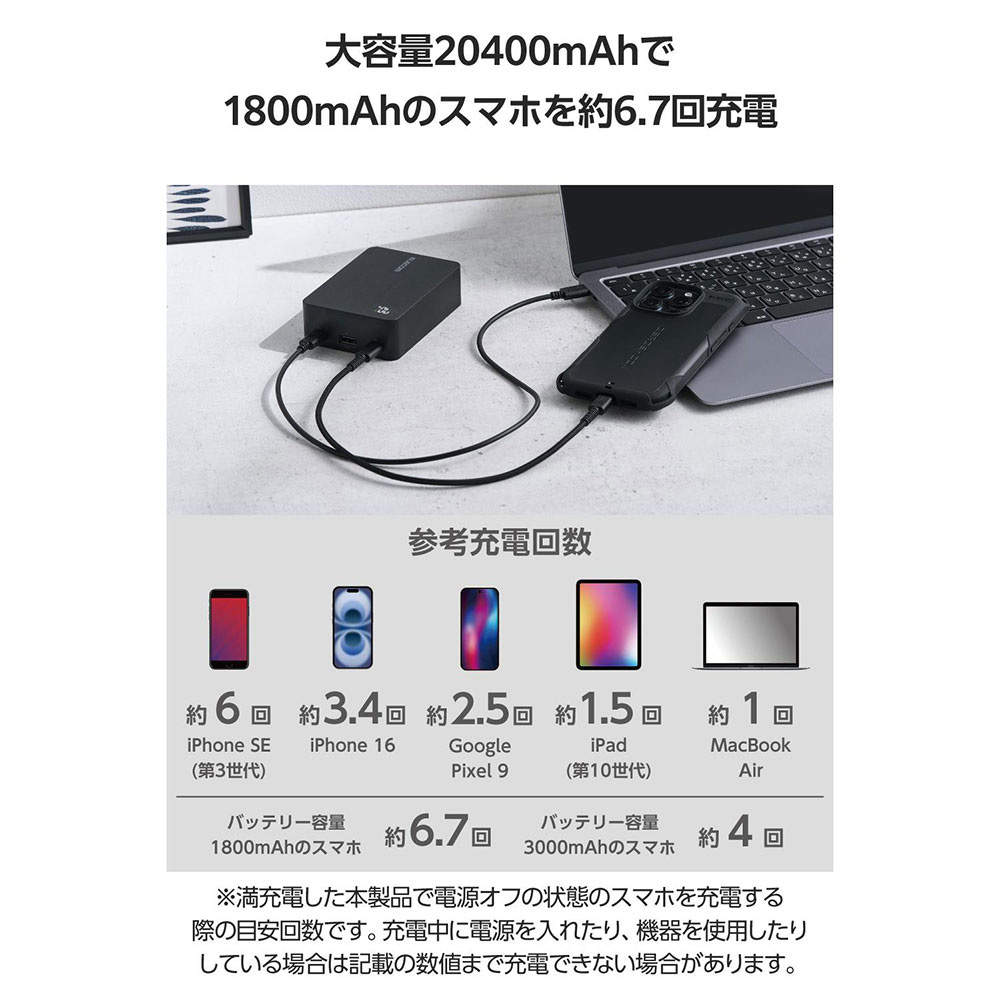 エレコム モバイルバッテリー 20400mAh 67W Type-C 2ポート USB-A 1ポート PSE認証 PC充電対応 ブラック EC-C44LBK