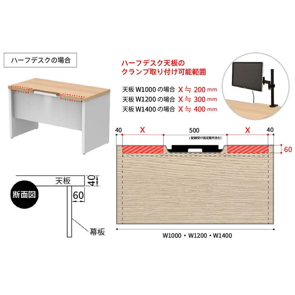 アール・エフ・ヤマカワ 木製デスク ソリード フリーアドレス用ハーフデスク W1400×D600 ホワイト×ブラック RFTFH-1460WH-BL