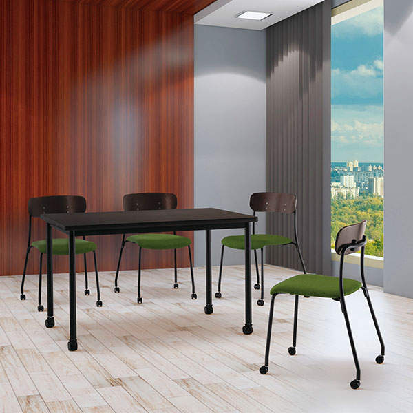 サンケイ スタッキングチェア ミーティングチェア キャスター付き 布張り 背合板色ブラウン ダークグリーン CM113-MYC-PST-MDG