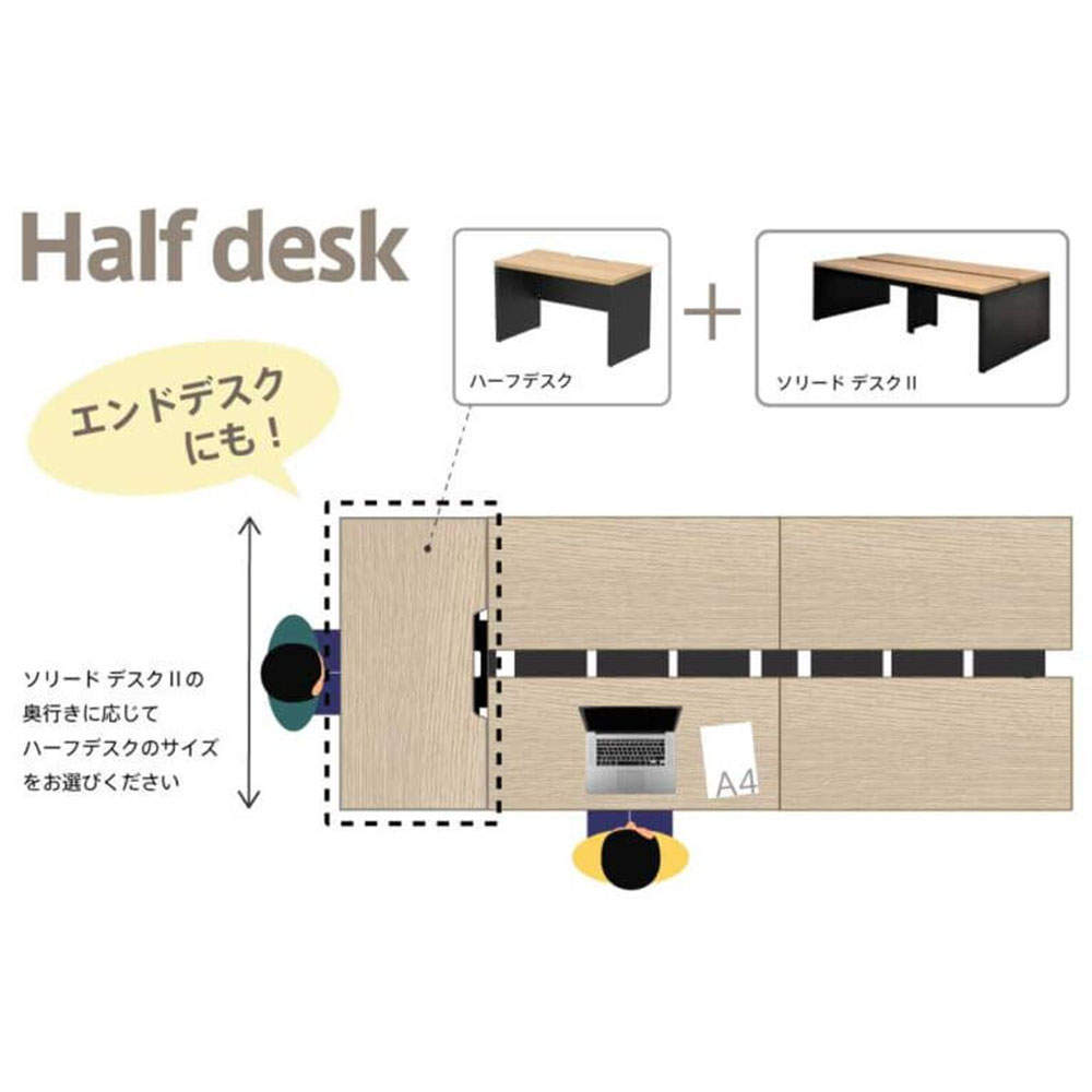 アール・エフ・ヤマカワ 木製デスク ソリード フリーアドレス用ハーフデスク 増連 W1000×D700 オーク×ブラック RFTFH-1070ADOA-BL