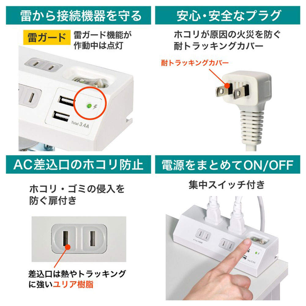 ELPA 電源タップ 集中スイッチ 雷ガード AC4個口 USB-A 2ポート 2m ホワイト WLS-DS4232SUA(W)