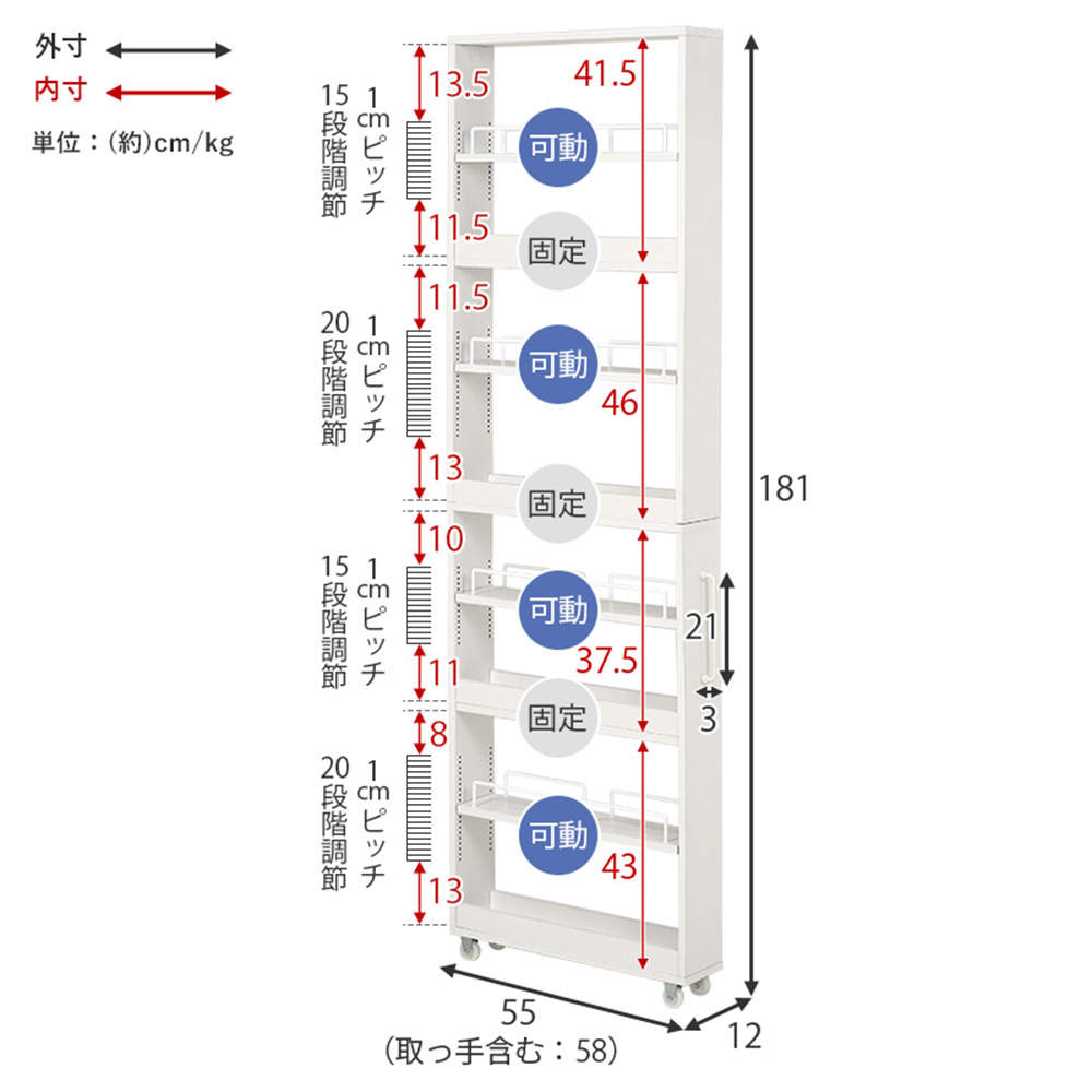 萩原 隙間収納ワゴン ホワイト RCC-1535WH