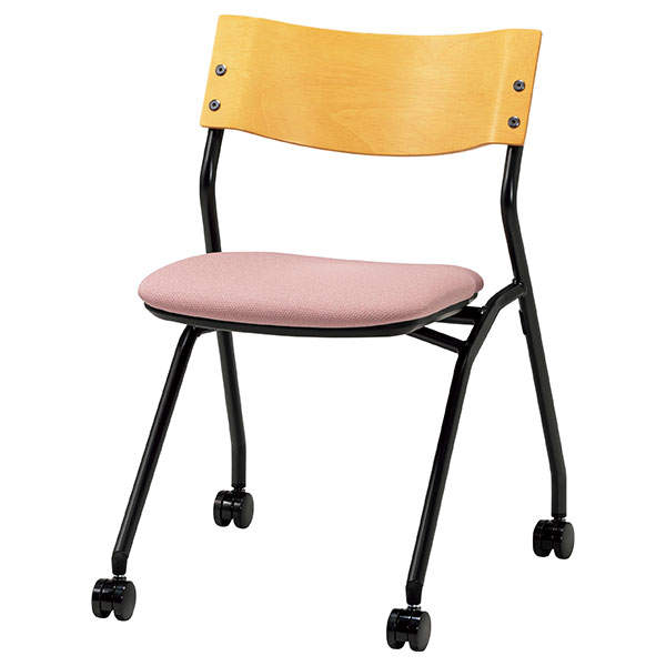 サンケイ ミーティングチェア ネスティングチェア キャスター付き 布張り 背合板色ナチュラル パウダーピンク CM198-MYC-PST-PPI: