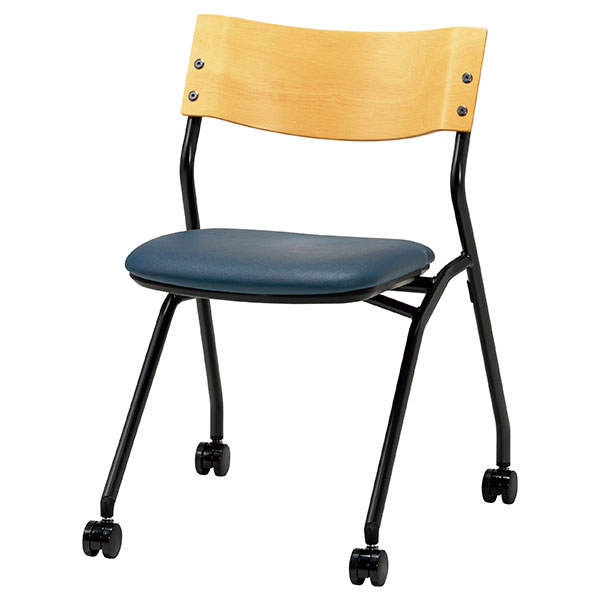 サンケイ ミーティングチェア ネスティングチェア キャスター付き ビニールレザー張り 背合板色ナチュラル ブラックネイビー CM198-MXC-MOD-75:
