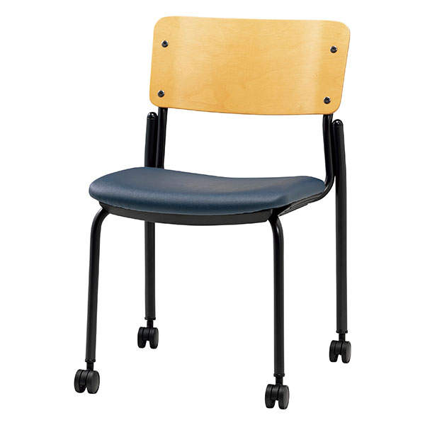 サンケイ スタッキングチェア ミーティングチェア キャスター付き ビニールレザー張り 背合板色ナチュラル ブラックネイビー CM353-MXC-MOD-75: