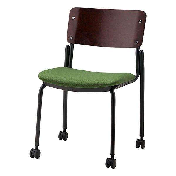 サンケイ スタッキングチェア ミーティングチェア キャスター付き 布張り 背合板色ブラウン ダークグリーン CM352-MYC-PST-MDG