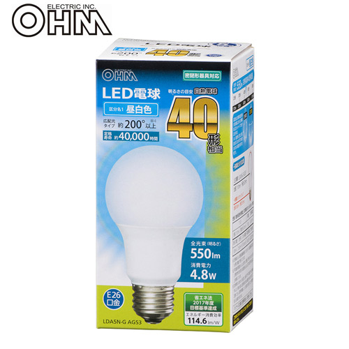 オーム電機 LED電球 E26 40形相当 昼白色 LDA5N-G AG53