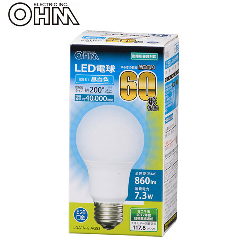オーム電機 LED電球 E26 60形相当 昼白色 LDA7N-G AG53