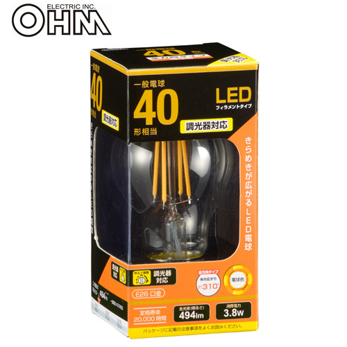 オーム電機 LED電球 フィラメントタイプ クリア E26 40形相当 電球色 LDA4L/D C6