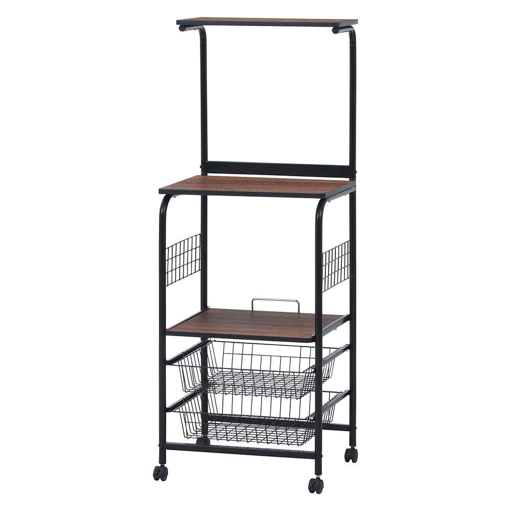 不二貿易 レンジワゴン(スライドレール棚付/かご付/キャスター付)ブラック/ブラウン FBC-03-1 BK/BR 14637