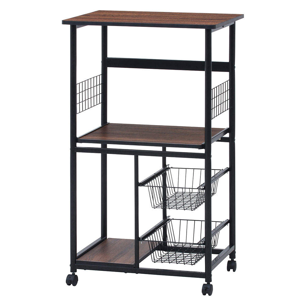 不二貿易 レンジワゴン(スライドレール棚付/かご付/キャスター付)ブラック/ブラウン FBC-9812 BK/BR 14638