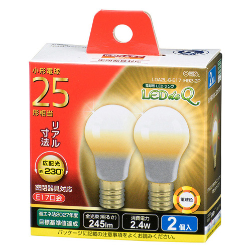 オーム電機 LED電球 ミニクリプトン形 E17 25W 電球色 2個入 LDA2L-G 