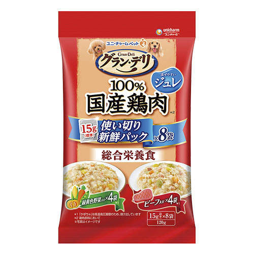 ユニ・チャーム グラン・デリ 100％国産鶏肉パウチ 使い切り新鮮パック 総合栄養食 ジュレ 成犬用 緑黄色野菜＆ビーフ 8袋入×6個