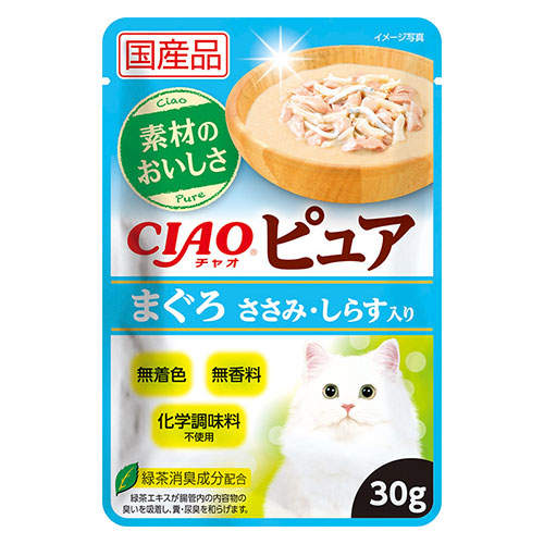 【送料弊社負担】【ゆうパケット配送】いなば CIAO ピュア パウチ まぐろ ささみ・しらす入り 30g×6個【他商品と同時購入不可】