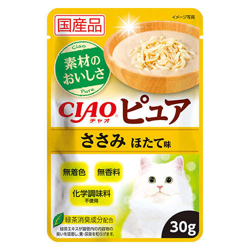 【お1人様1セット限り】【ポイント10倍】【送料弊社負担】【ゆうパケット配送】いなば CIAO ピュア パウチ ささみ ほたて味 30g×6個【他商品と同時購入不可】