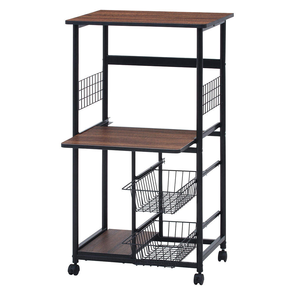 不二貿易 レンジワゴン(スライドレール棚付/かご付/キャスター付)ブラック/ブラウン FBC-9812 BK/BR 14638