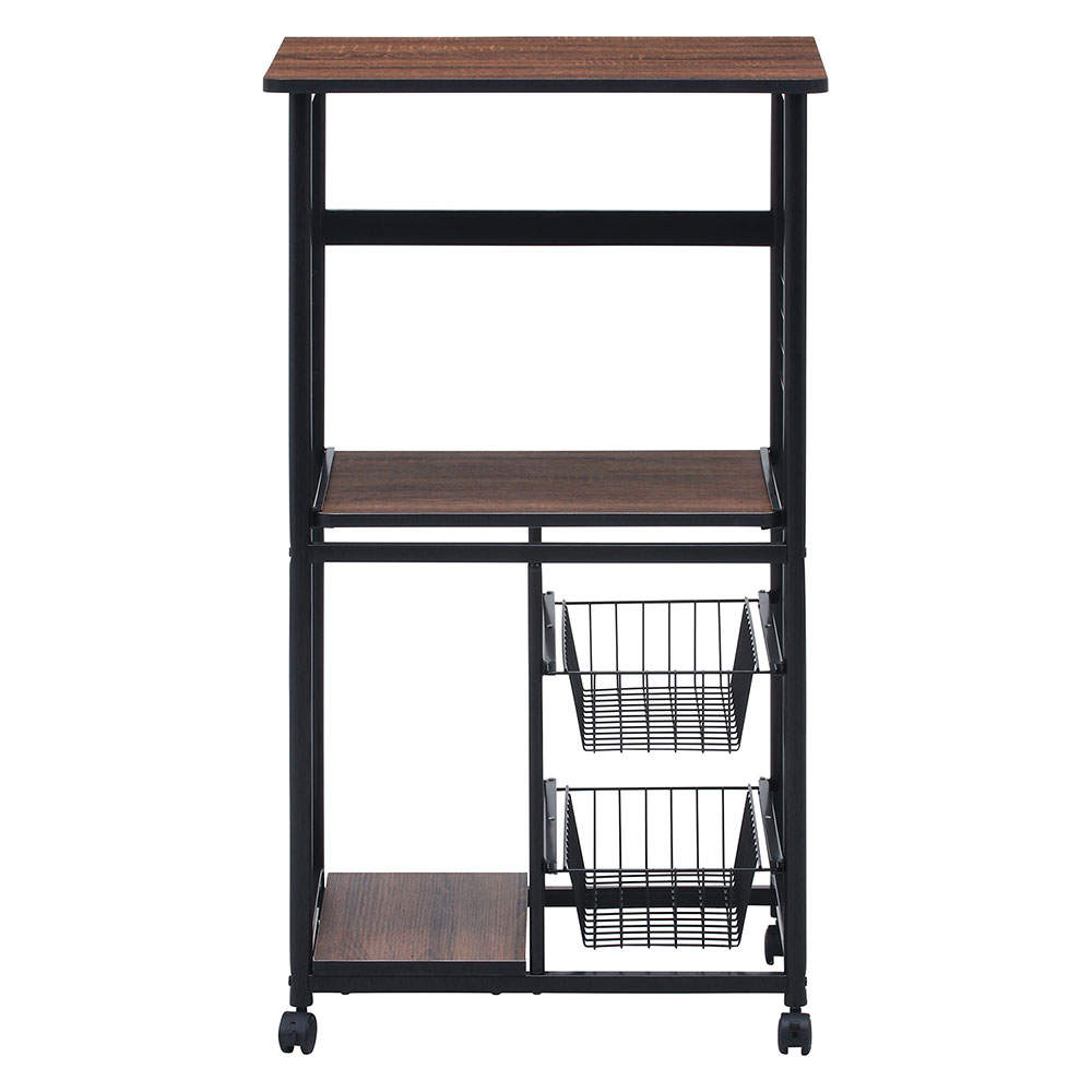不二貿易 レンジワゴン(スライドレール棚付/かご付/キャスター付)ブラック/ブラウン FBC-9812 BK/BR 14638