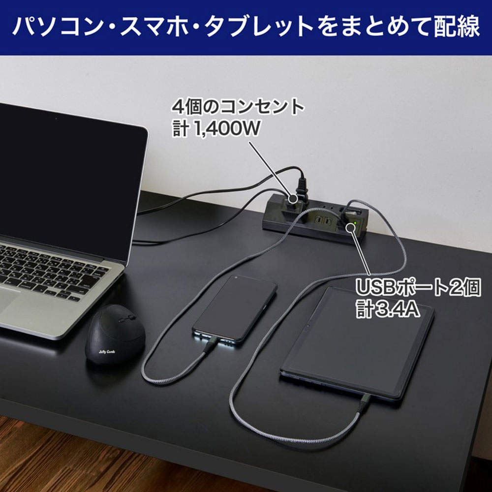 ELPA 電源タップ 集中スイッチ 雷ガード AC4個口 USB-A 2ポート 2m ブラック WLS-DS4232SUA(BK)