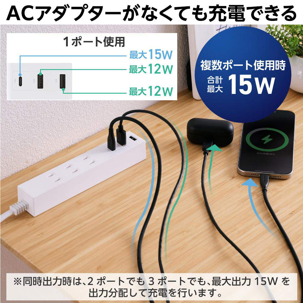 【送料弊社負担】エレコム タップ コード付きUSBタップ AC3口 USB-A 2ポート Type-C 1ポート 1.5m ホワイト ECT-38-3A2C15WH【他商品と同時購入不可】