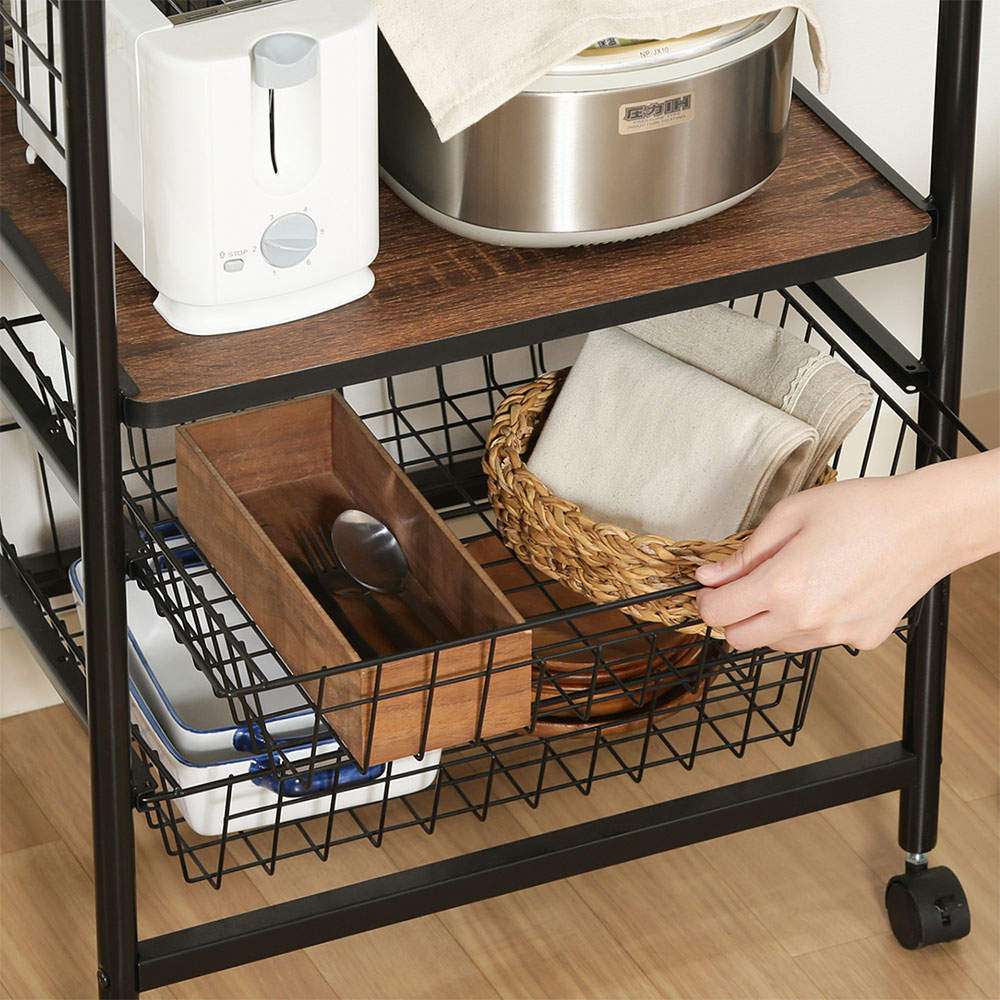 不二貿易 レンジワゴン(スライドレール棚付/かご付/キャスター付)ブラック/ブラウン FBC-03-1 BK/BR 14637