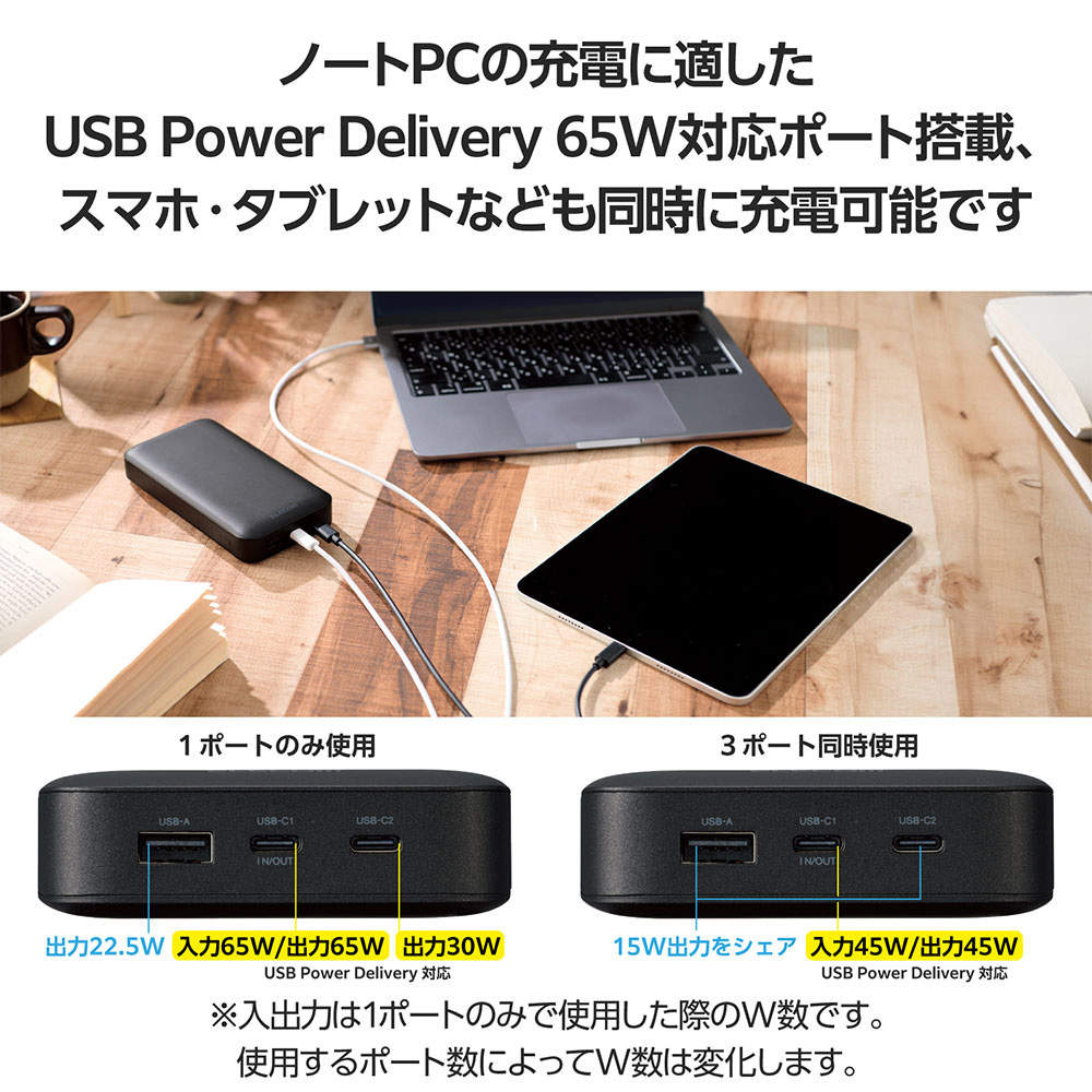 エレコム モバイルバッテリー 20000mAh 65W Type-C 2ポート USB-A 1ポート PSE認証 ブラック EC-C17LBK