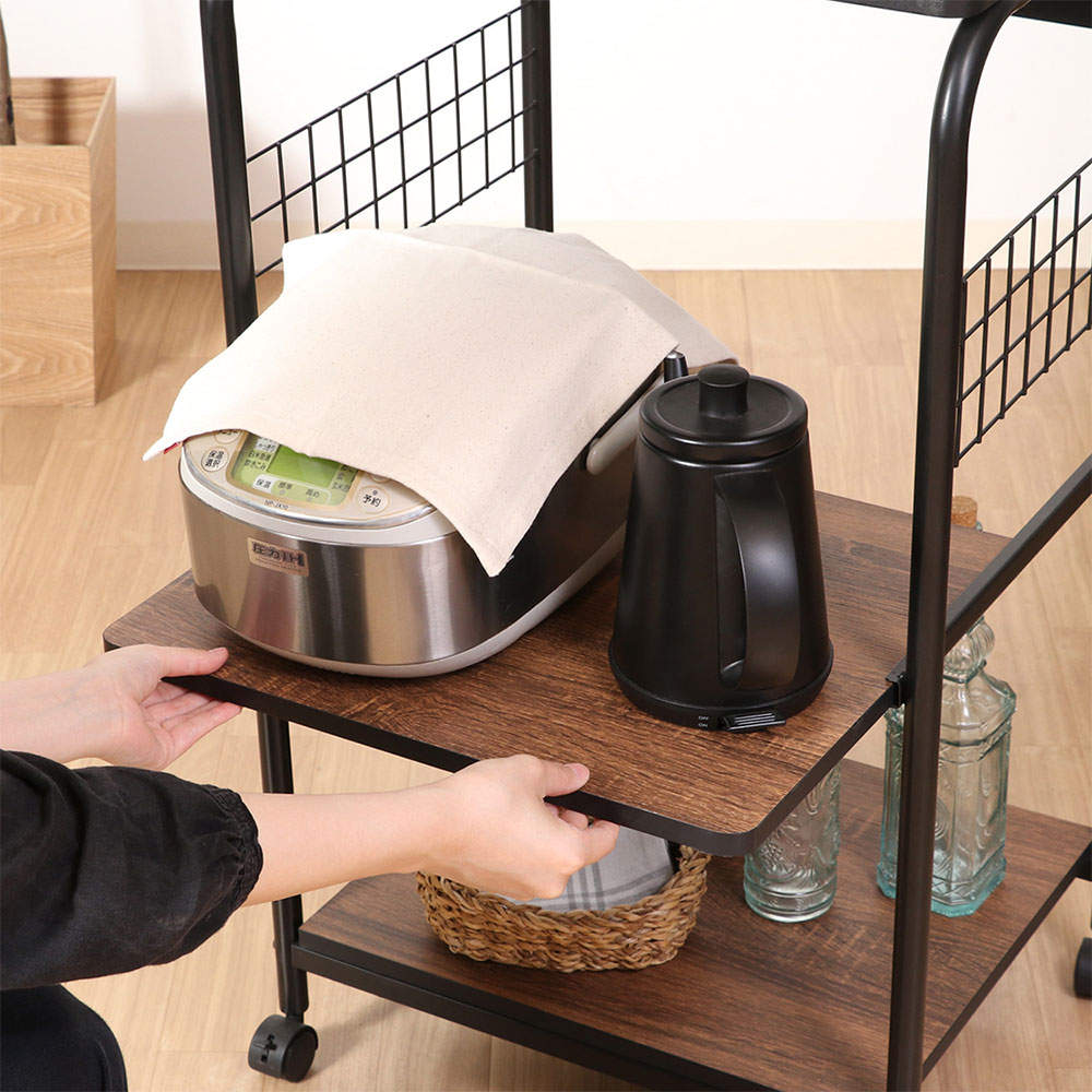 不二貿易 レンジワゴン(スライドレール棚付/キャスター付)ブラック/ブラウン FBC-03-2 BK/BR 15423