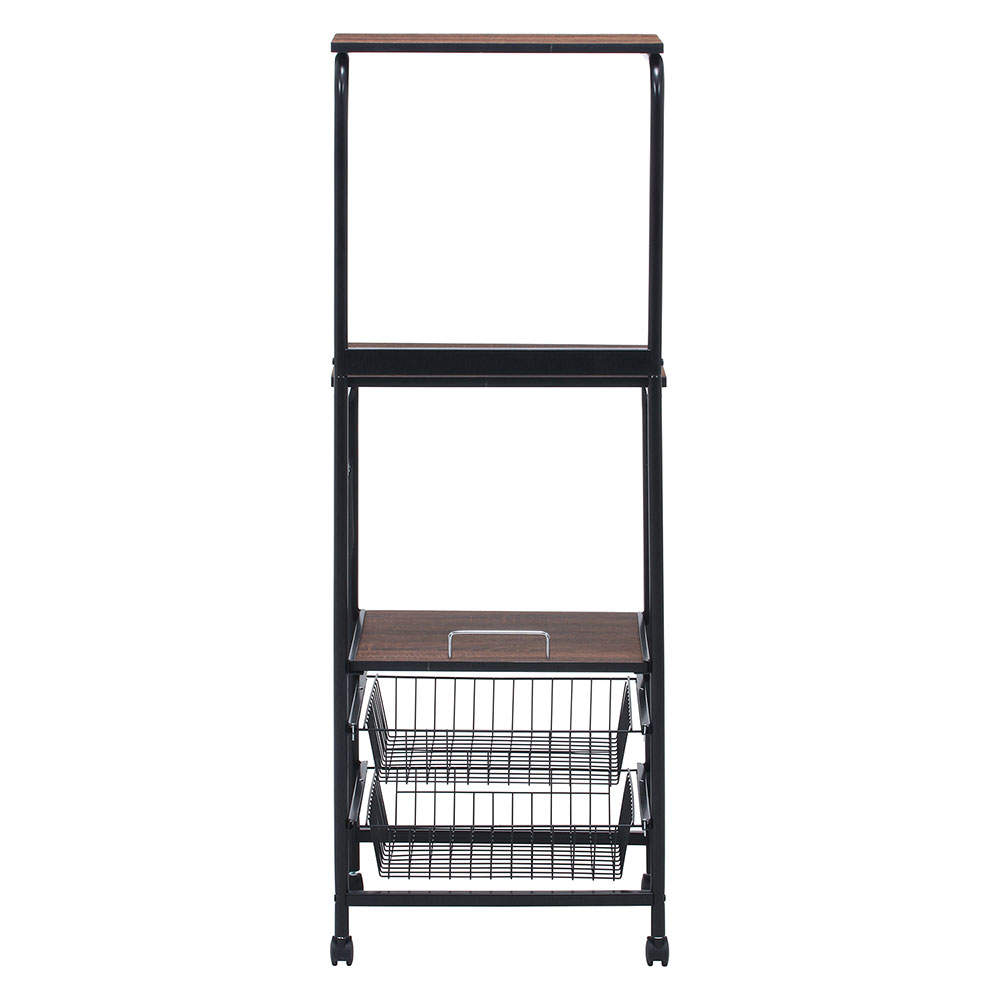 不二貿易 レンジワゴン(スライドレール棚付/かご付/キャスター付)ブラック/ブラウン FBC-03-1 BK/BR 14637