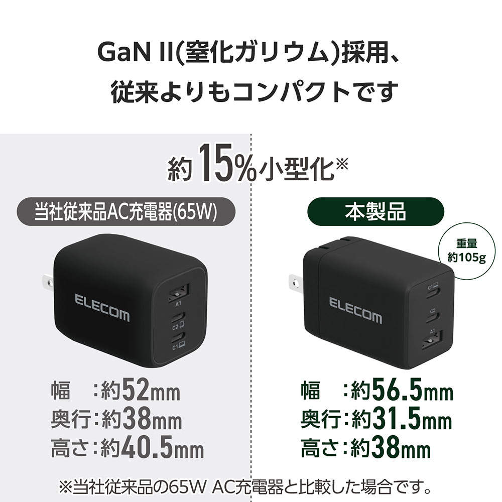 エレコム USB Power Delivery 67W AC充電器(C×2 A×1) ブラック EC-AC10367BK
