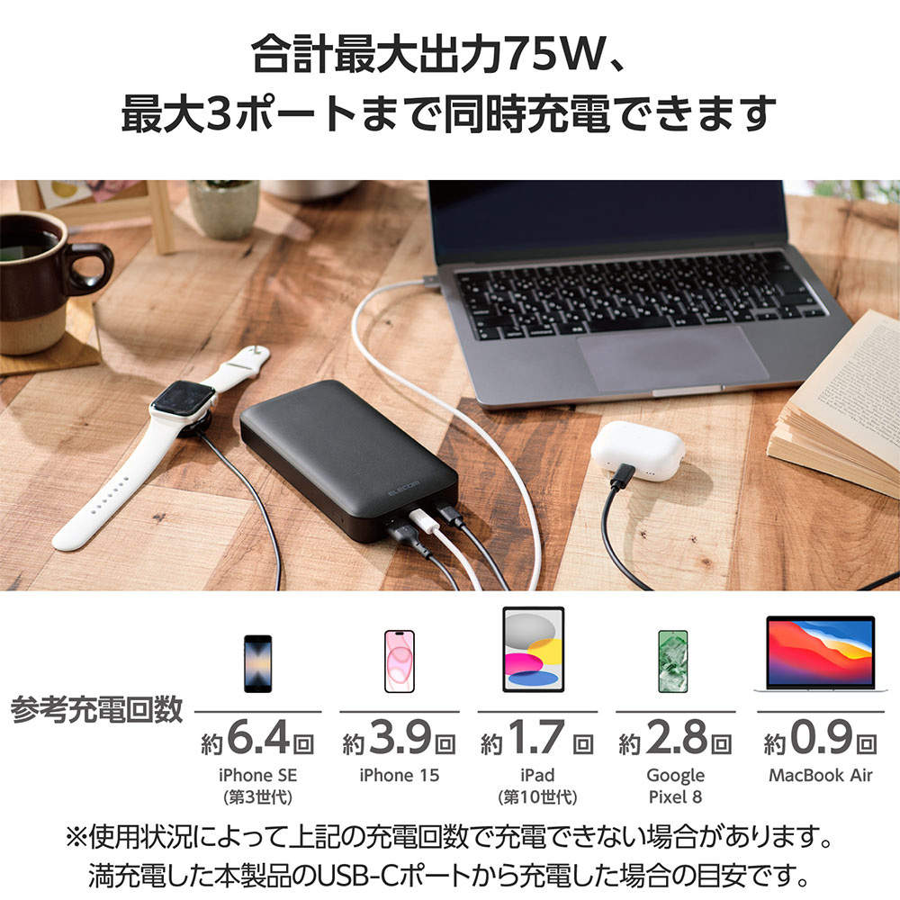 エレコム モバイルバッテリー 20000mAh 65W Type-C 2ポート USB-A 1ポート PSE認証 ブラック EC-C17LBK