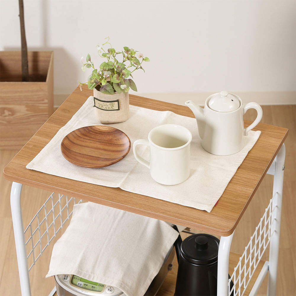 不二貿易 レンジワゴン(スライドレール棚付/キャスター付)ホワイト/ナチュラル FBC-03-2 WH/NA 14640