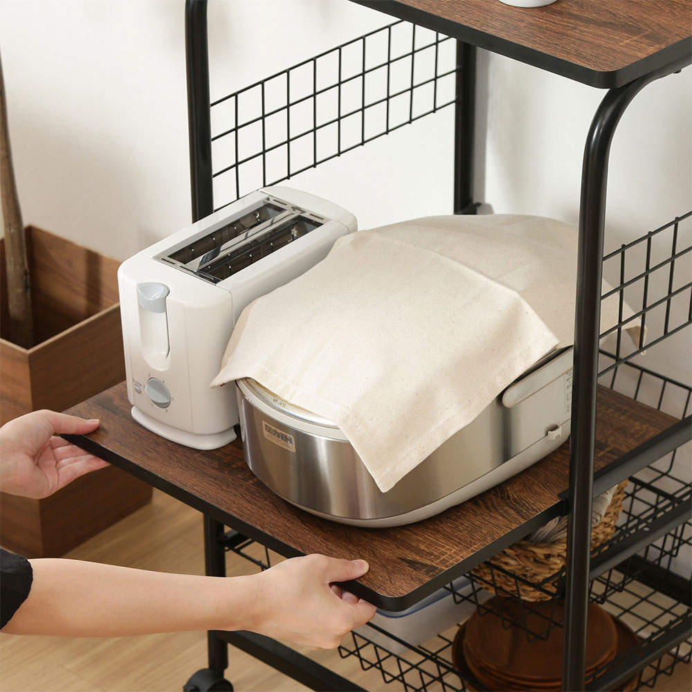 不二貿易 レンジワゴン(スライドレール棚付/かご付/キャスター付)ブラック/ブラウン FBC-03-1 BK/BR 14637