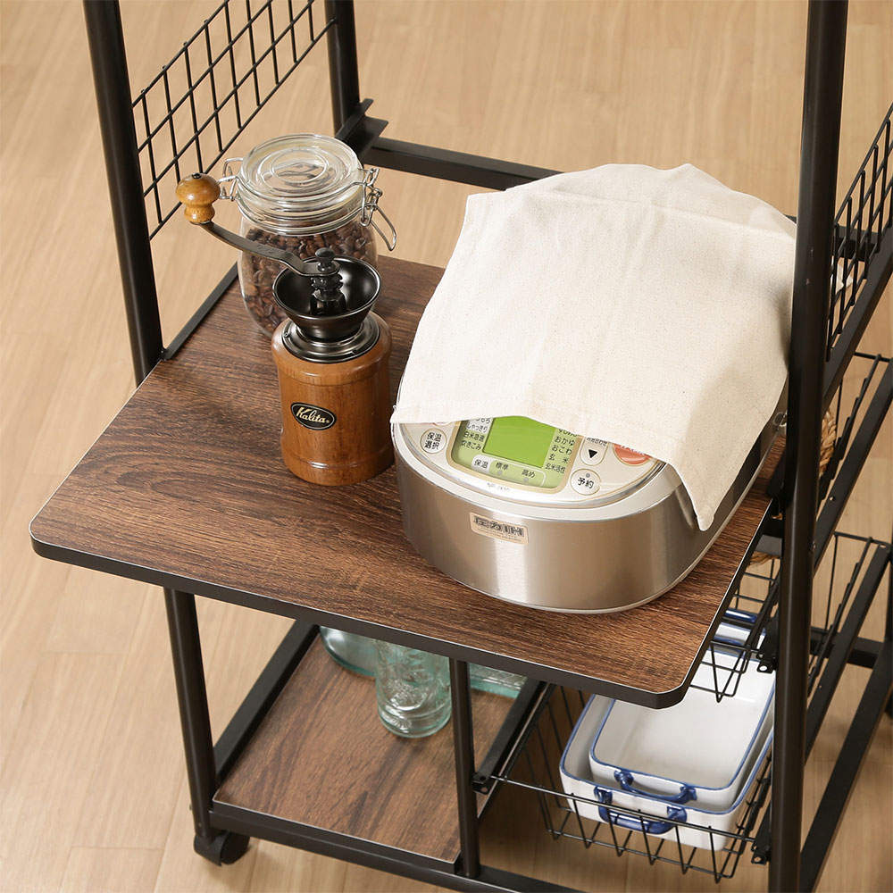 不二貿易 レンジワゴン(スライドレール棚付/かご付/キャスター付)ブラック/ブラウン FBC-9812 BK/BR 14638