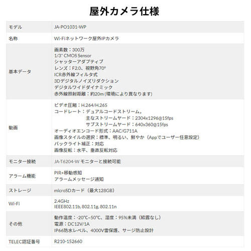 JUANCLOUD 防犯カメラ モニター＋Wi-Fiネットワーク屋外IPカメラ(2台)セット JA-T6204-PO1031-WP