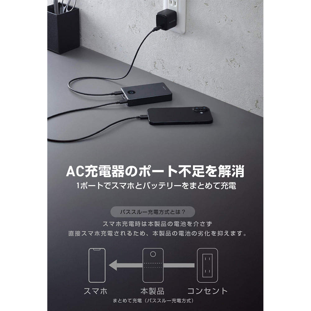 エレコム モバイルバッテリー 半固体 10000mAh 35W Type-C 2ポート USB-A 1ポート PSE認証 EC-C61MN