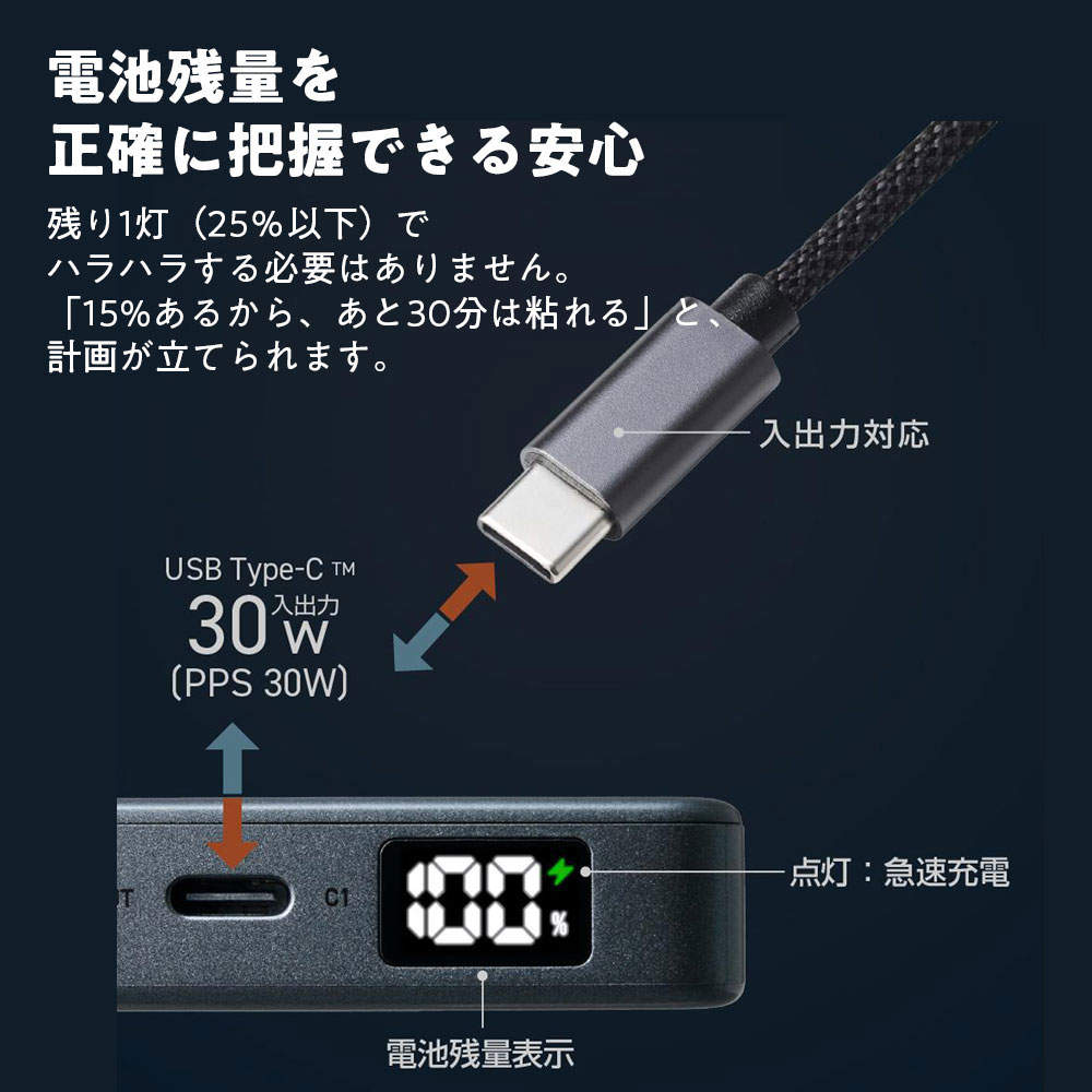エレコム モバイルバッテリー 半固体 ケーブル一体型 10000mAh 35W Type-C 1ポート PSE認証 EC-C59MN