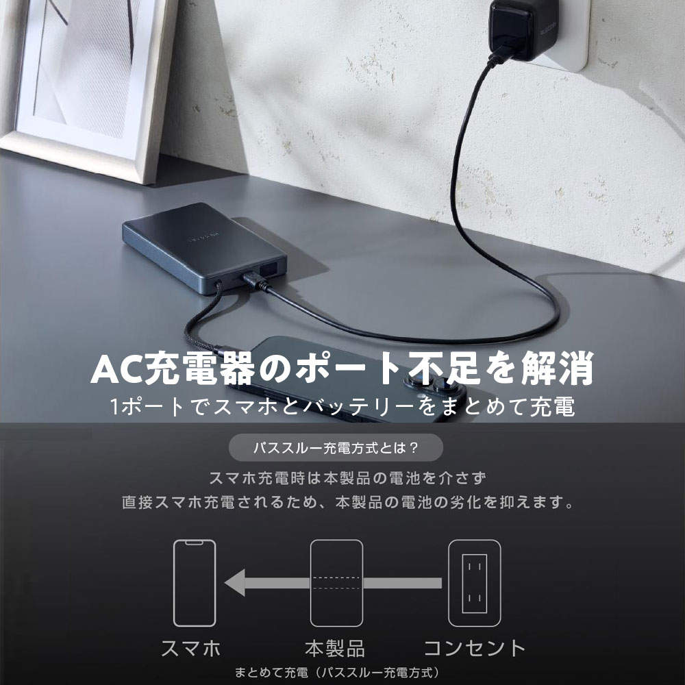 エレコム モバイルバッテリー 半固体 ケーブル一体型 10000mAh 35W Type-C 1ポート PSE認証 EC-C59MN