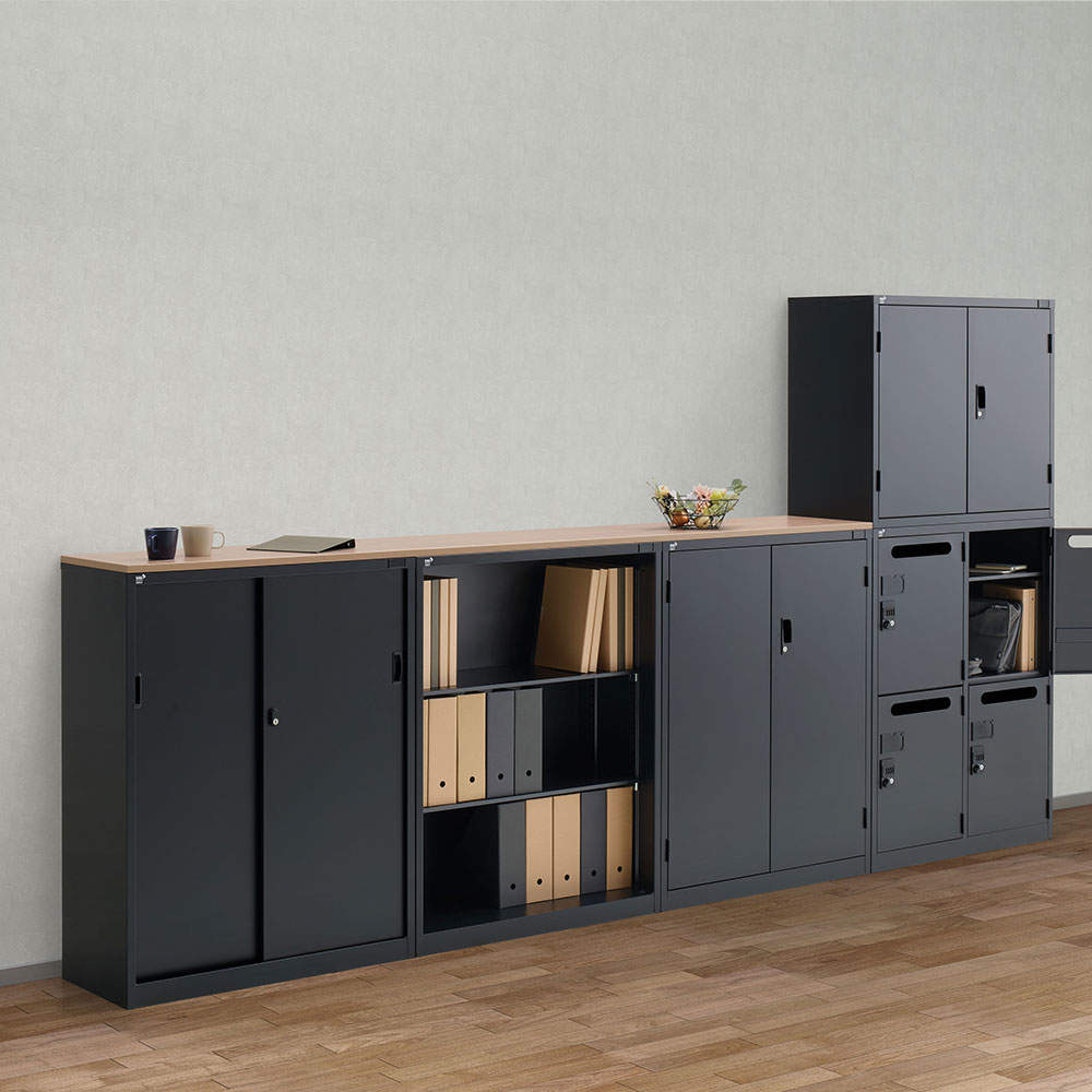 生興 ALZシリーズ スチール引戸書庫 ブラック W880xD380×H750mm ALZK-S32