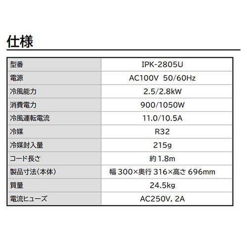 アイリスオーヤマ ポータブルクーラー 冷専 7～10畳 ホワイト IPK-2805U