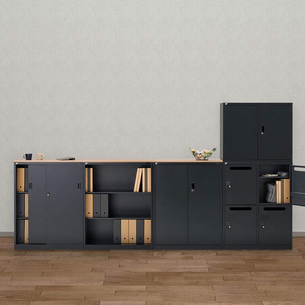 生興 ALZシリーズ スチール引戸書庫 ブラック W880xD380×H750mm ALZK-S32