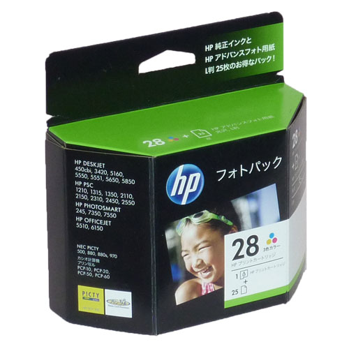 HP 純正インク hp28/L判 CR714AJ(プリンタカートリッジ1本＋Ｌ判25枚） フォトパック・3色:
