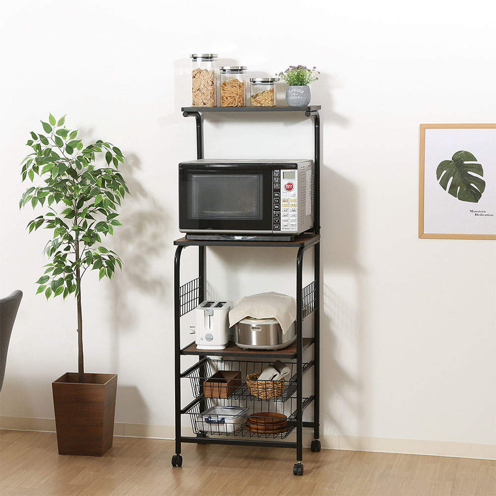 不二貿易 レンジワゴン(スライドレール棚付/かご付/キャスター付)ブラック/ブラウン FBC-03-1 BK/BR 14637: