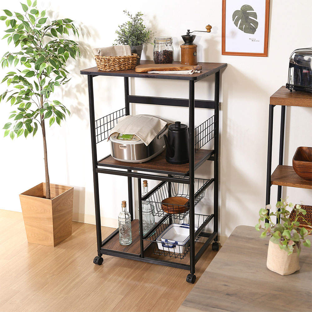 不二貿易 レンジワゴン(スライドレール棚付/かご付/キャスター付)ブラック/ブラウン FBC-9812 BK/BR 14638: