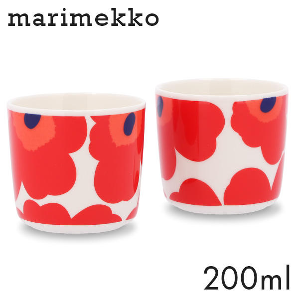 Marimekko マリメッコ Unikko ウニッコ コーヒーカップ 取っ手無 200ml 2個セット ホワイト×レッド:
