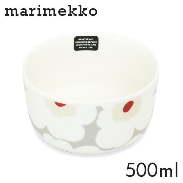Marimekko マリメッコ Unikko ウニッコ お皿 ボウル 500ml ホワイト×ライトグレー×レッド×イエロー: