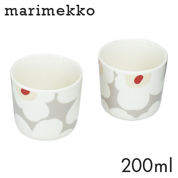Marimekko マリメッコ Unikko ウニッコ コーヒーカップ 取っ手無 200ml 2個セットホワイト×ライトグレー×レッド×イエロー: