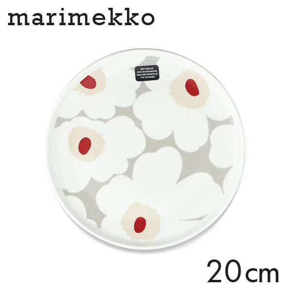 Marimekko マリメッコ Unikko ウニッコ お皿 プレート 20cm ホワイト×ライトグレー×レッド×イエロー: