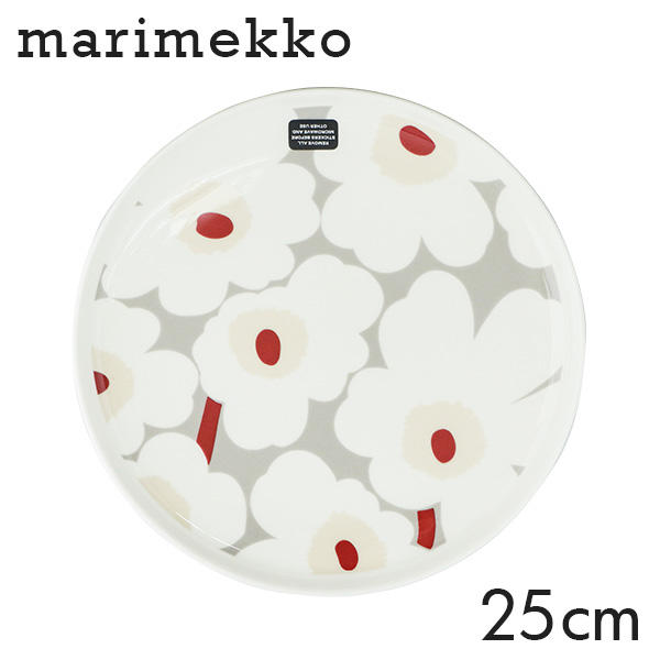 Marimekko マリメッコ Unikko ウニッコ お皿 プレート 25cm ホワイト×ライトグレー×レッド×イエロー: