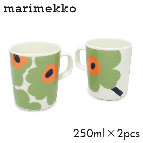 Marimekko マリメッコ Unikko ウニッコ マグ マグカップ 250ml 2個セット ホワイト×セージ×オレンジ×ダークブルー: